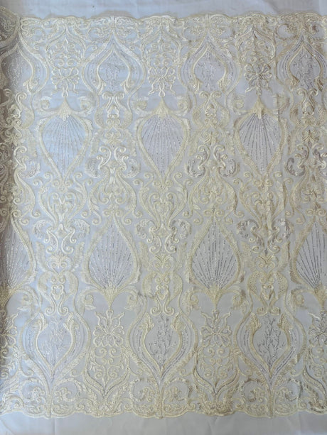 Heavy Damask Beaded Lace Polyester Fabric - Beaded Damask Floral Lace, 50-54" Width (1 Yard)