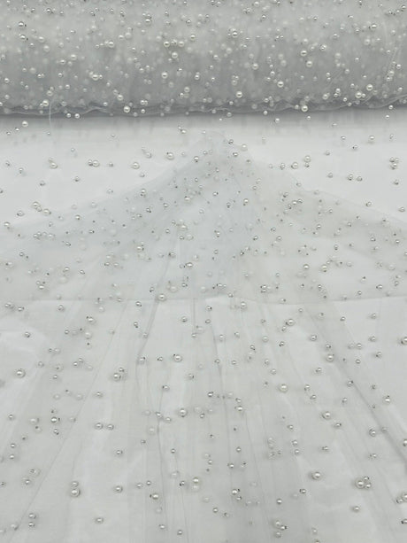 Heavy Scattered Pearls Studded Mesh Pearl Mesh Fabric - Scattered Pearls, 58" Wide (1 Yard)