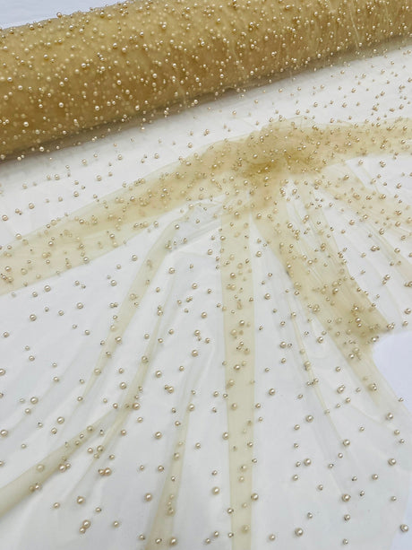 Heavy Scattered Pearls Studded Mesh Pearl Mesh Fabric - Scattered Pearls, 58" Wide (1 Yard)