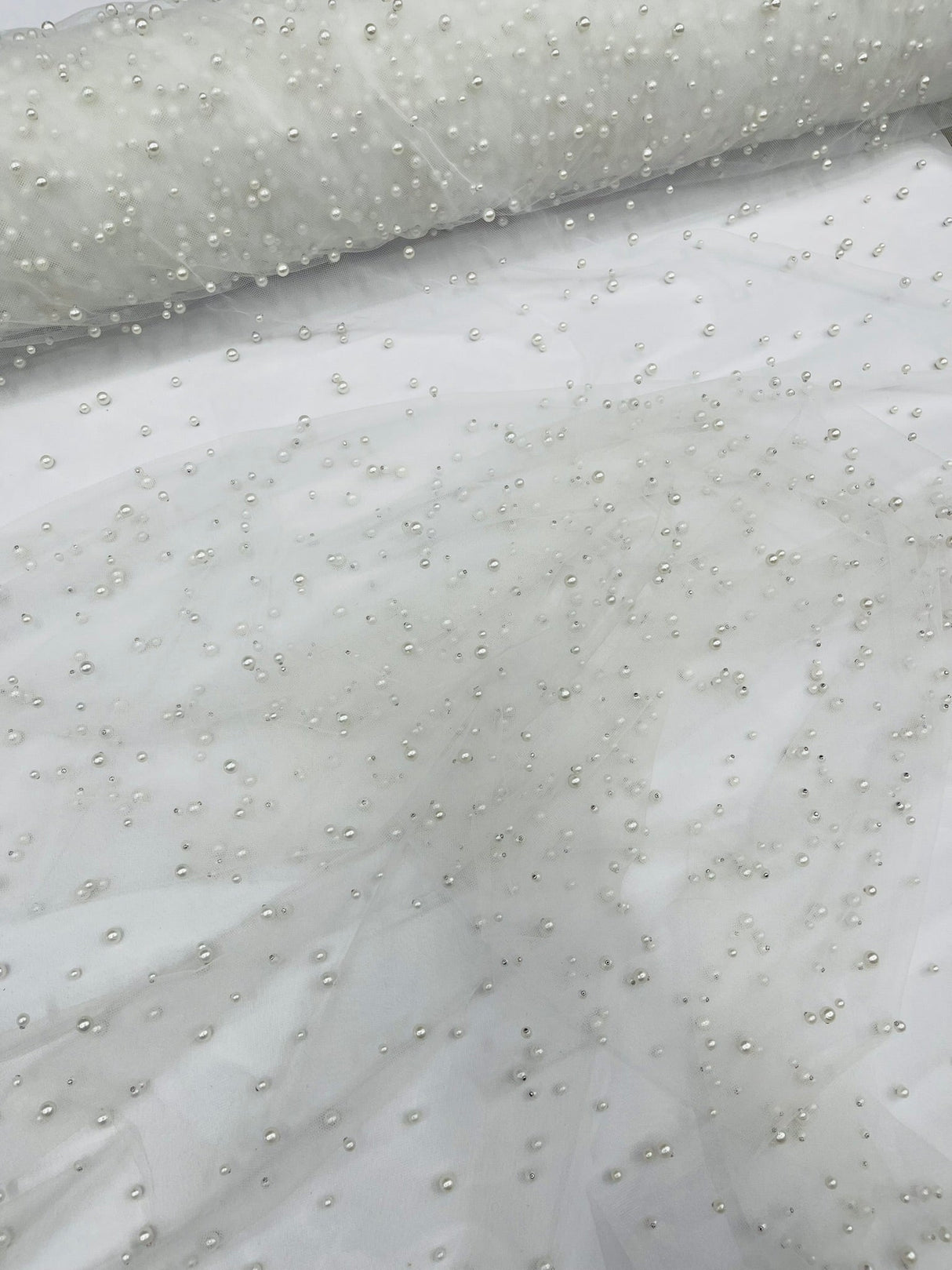 Heavy Scattered Pearls Studded Mesh Pearl Mesh Fabric - Scattered Pearls, 58" Wide (1 Yard)