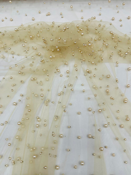 Heavy Scattered Pearls Studded Mesh Pearl Mesh Fabric - Scattered Pearls, 58" Wide (1 Yard)