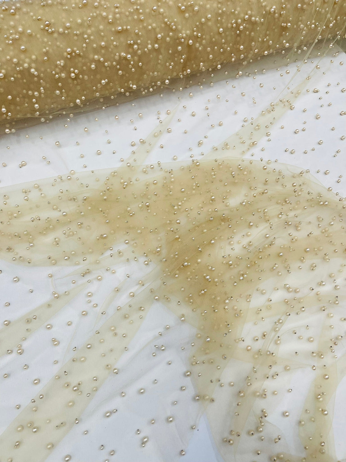 Heavy Scattered Pearls Studded Mesh Pearl Mesh Fabric - Scattered Pearls, 58" Wide (1 Yard)