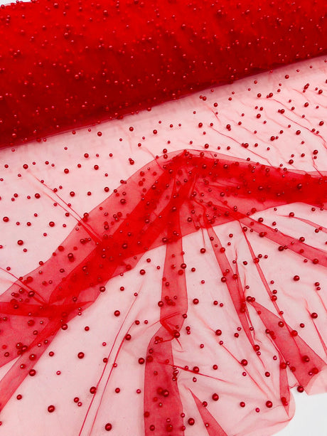 Heavy Scattered Pearls Studded Mesh Pearl Mesh Fabric - Scattered Pearls, 58" Wide (1 Yard)