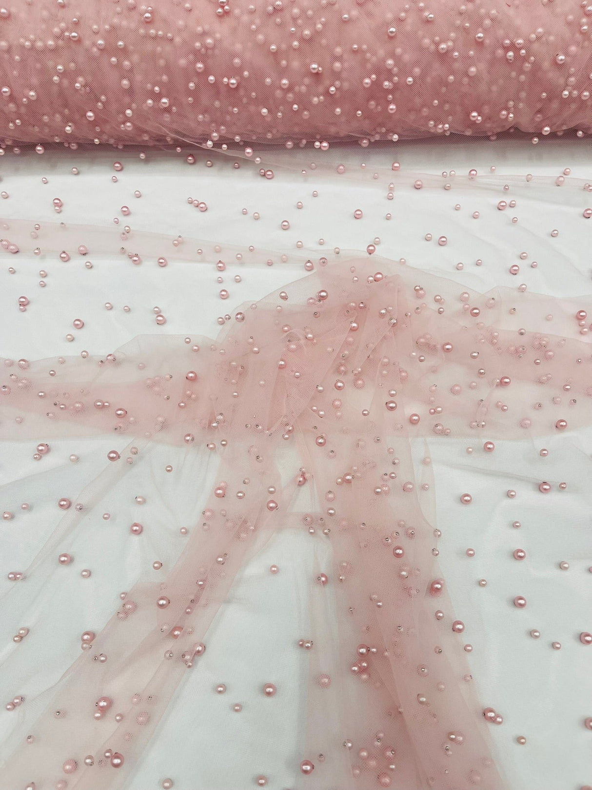 Heavy Scattered Pearls Studded Mesh Pearl Mesh Fabric - Scattered Pearls, 58" Wide (1 Yard)