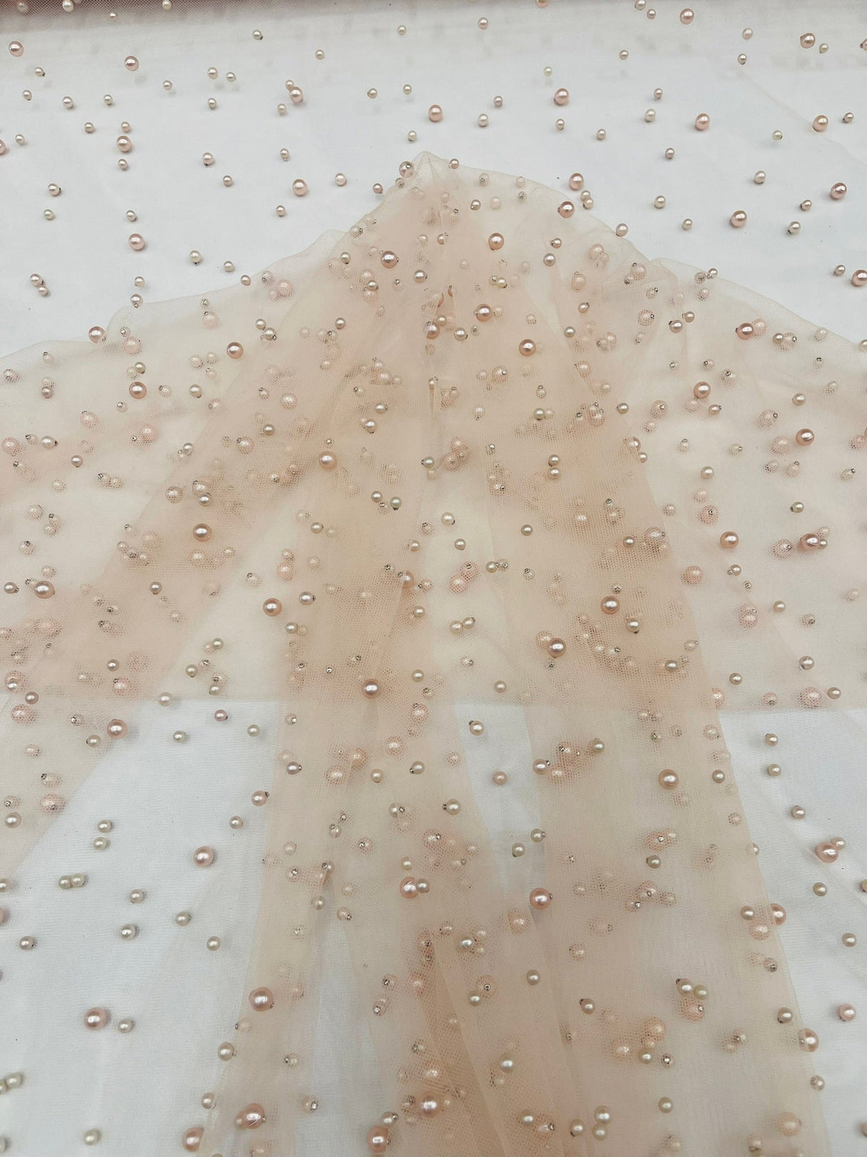Heavy Scattered Pearls Studded Mesh Pearl Mesh Fabric - Scattered Pearls, 58" Wide (1 Yard)
