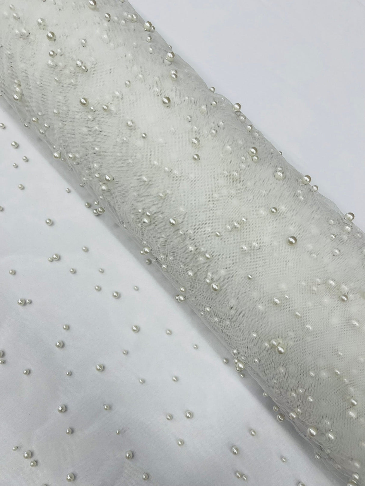 Heavy Scattered Pearls Studded Mesh Pearl Mesh Fabric - Scattered Pearls, 58" Wide (1 Yard)