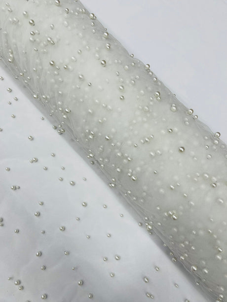 Heavy Scattered Pearls Studded Mesh Pearl Mesh Fabric - Scattered Pearls, 58" Wide (1 Yard)