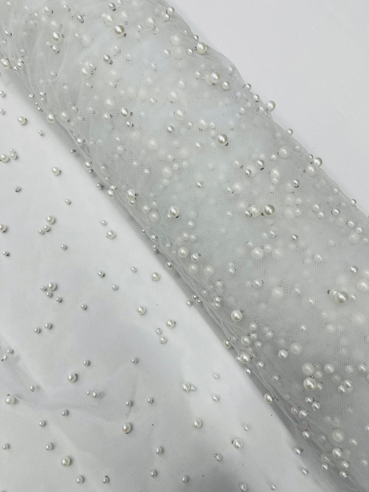 Heavy Scattered Pearls Studded Mesh Pearl Mesh Fabric - Scattered Pearls, 58" Wide (1 Yard)