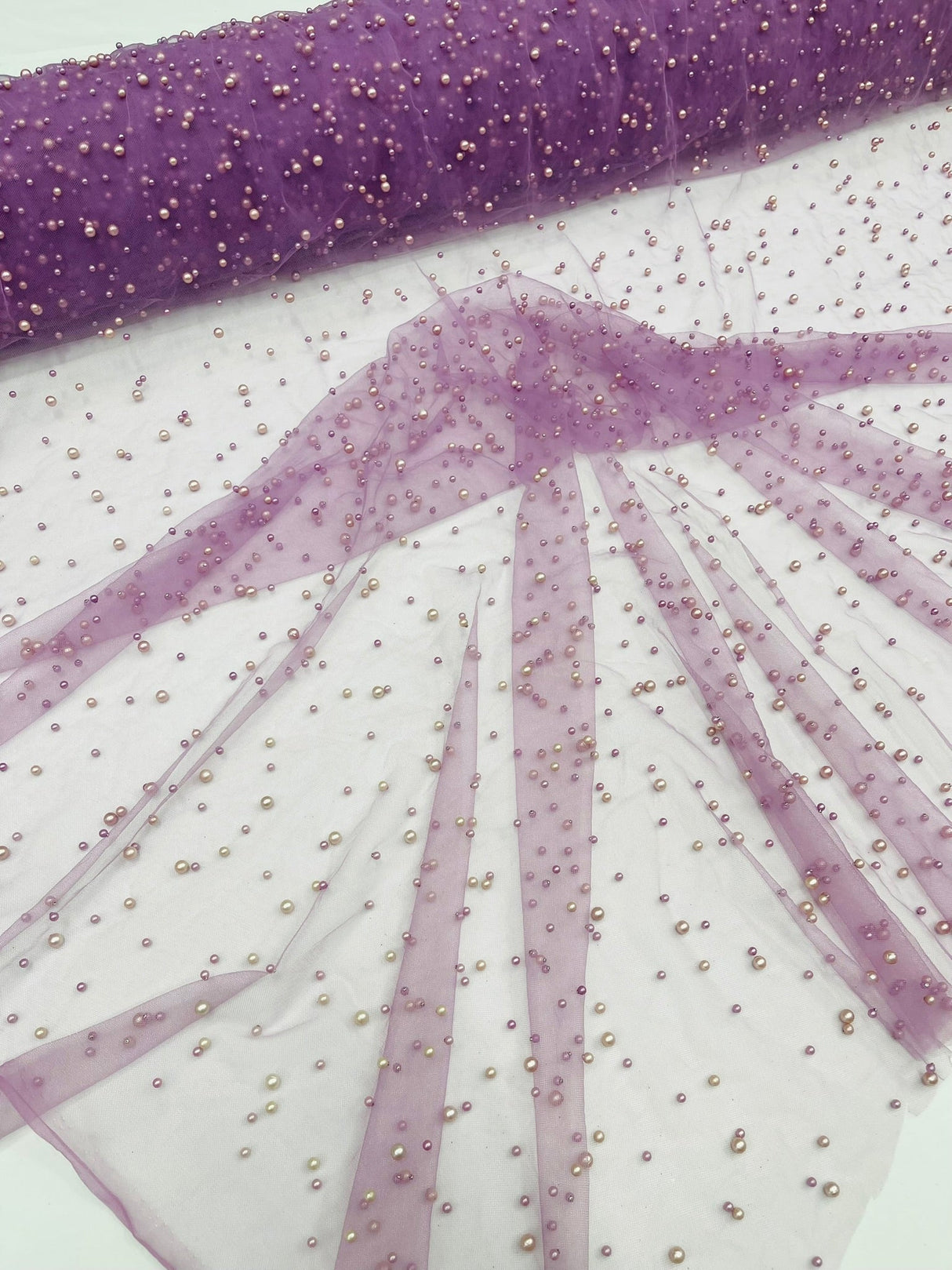 Heavy Scattered Pearls Studded Mesh Pearl Mesh Fabric - Scattered Pearls, 58" Wide (1 Yard)