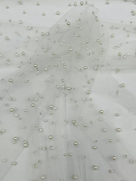 Heavy Scattered Pearls Studded Mesh Pearl Mesh Fabric - Scattered Pearls, 58" Wide (1 Yard)