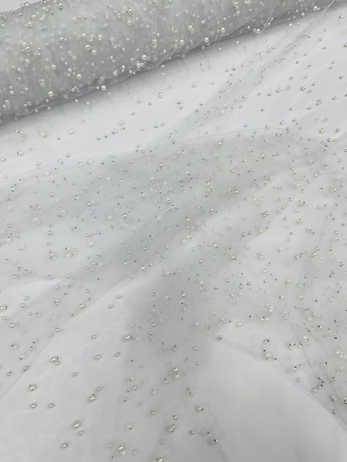 Heavy Scattered Pearls Studded Mesh Pearl Mesh Fabric - Scattered Pearls, 58" Wide (1 Yard)