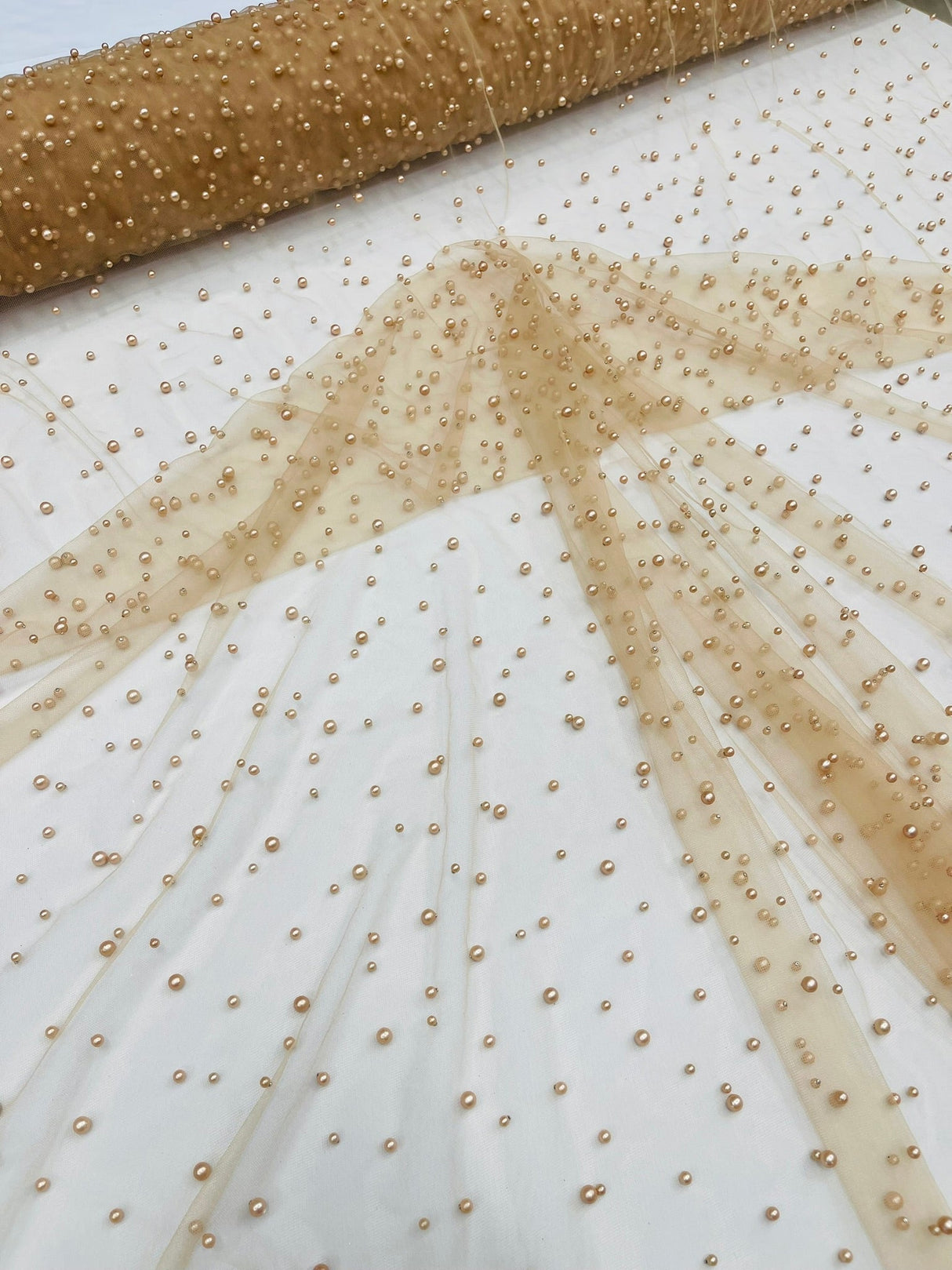 Heavy Scattered Pearls Studded Mesh Pearl Mesh Fabric - Scattered Pearls, 58" Wide (1 Yard)