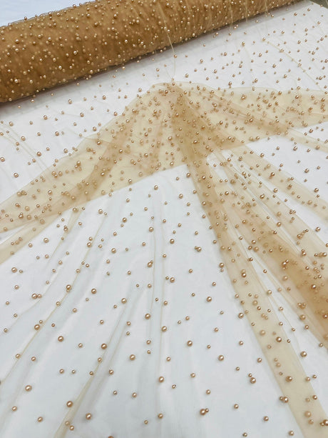 Heavy Scattered Pearls Studded Mesh Pearl Mesh Fabric - Scattered Pearls, 58" Wide (1 Yard)