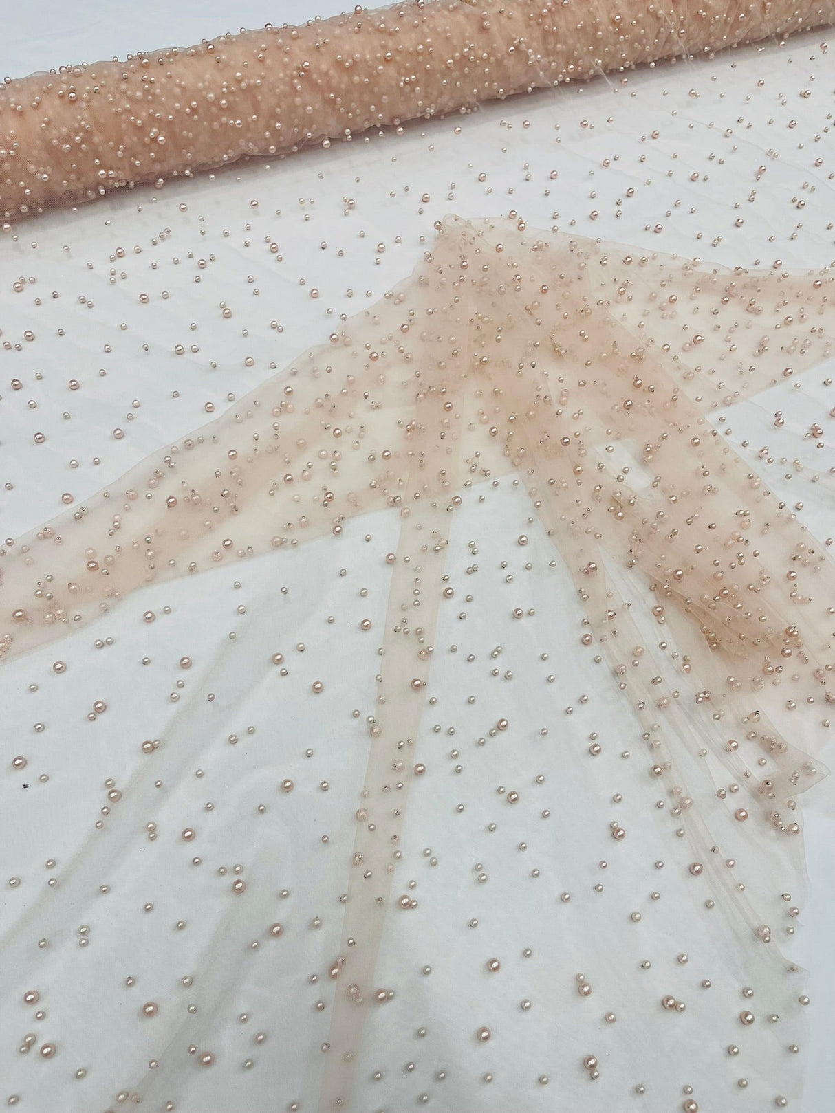 Heavy Scattered Pearls Studded Mesh Pearl Mesh Fabric - Scattered Pearls, 58" Wide (1 Yard)