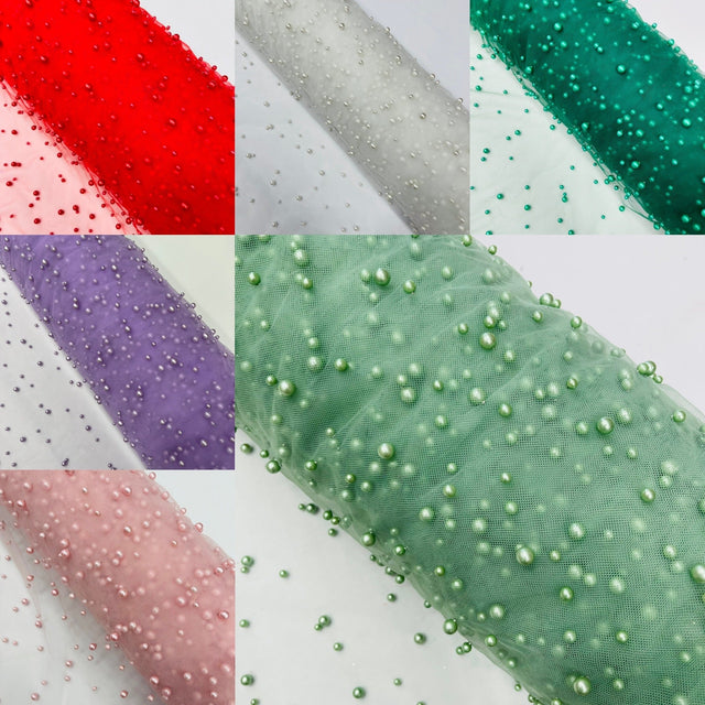 Heavy Scattered Pearls Studded Mesh Pearl Mesh Fabric - Scattered Pearls, 58" Wide (1 Yard)