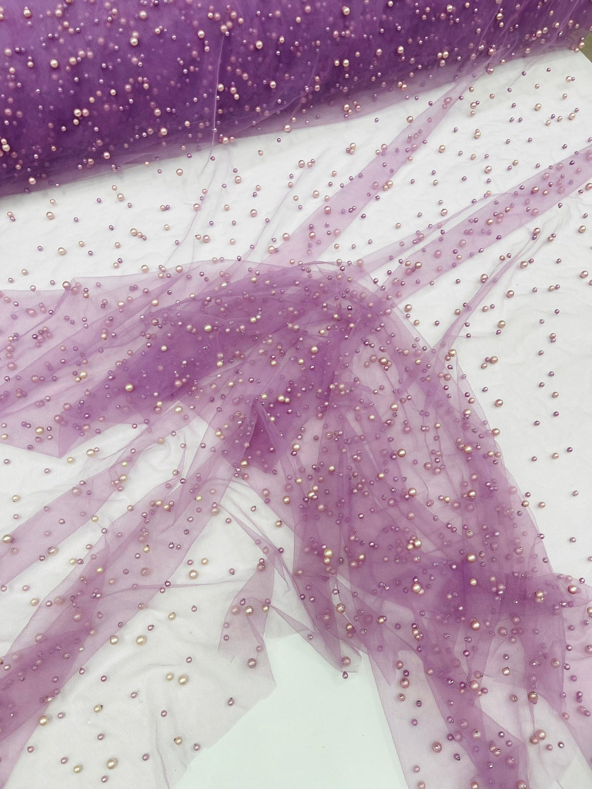 Heavy Scattered Pearls Studded Mesh Pearl Mesh Fabric - Scattered Pearls, 58" Wide (1 Yard)