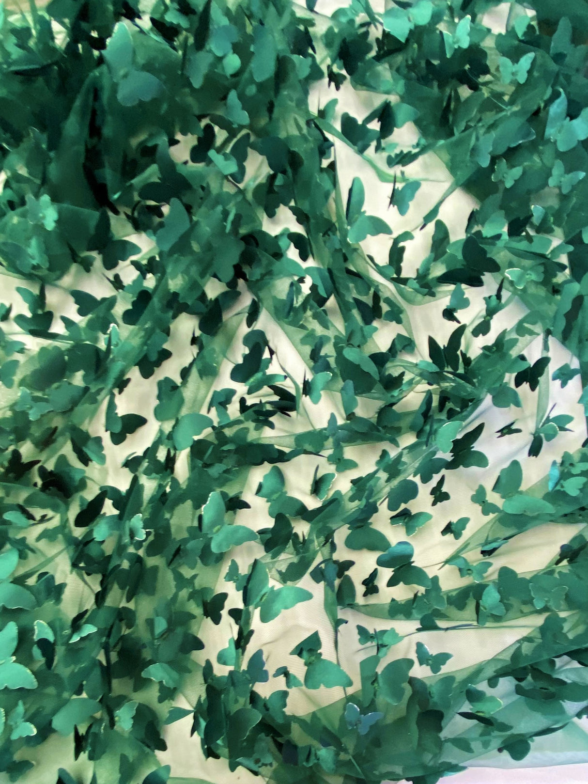 3D Butterflies Hunter Green Polyester Mesh Fabric - Light Weight Satin Butterflies, Hunter Green, 54" Width (1 Yard)