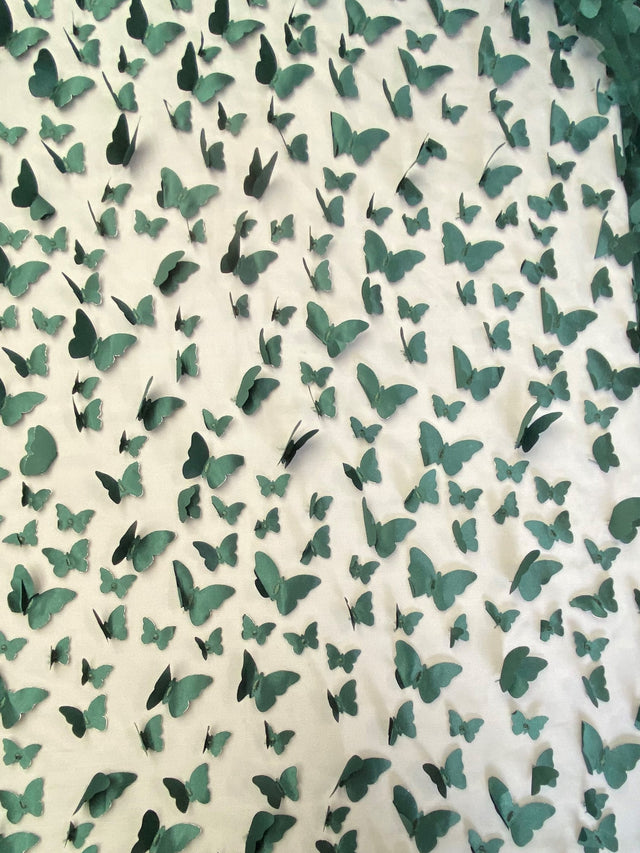 3D Butterflies Hunter Green Polyester Mesh Fabric - Light Weight Satin Butterflies, Hunter Green, 54" Width (1 Yard)