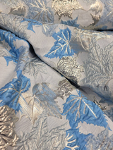 Brocade Sky Blue Silver Maple Leaf Fabric