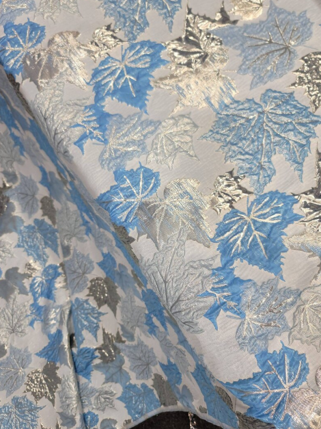 Brocade Sky Blue Silver Maple Leaf Fabric