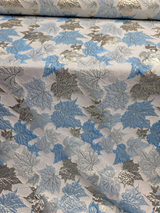 Brocade Sky Blue Silver Maple Leaf Fabric