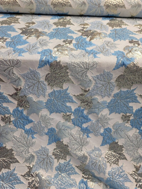 Brocade Sky Blue Silver Maple Leaf Fabric