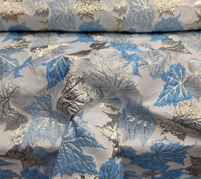 Brocade Sky Blue Silver Maple Leaf Fabric