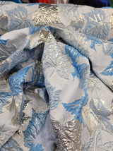 Brocade Sky Blue Silver Maple Leaf Fabric