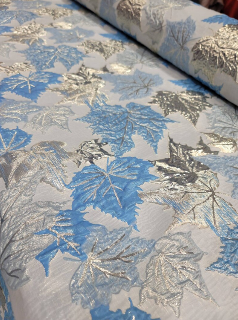Brocade Sky Blue Silver Maple Leaf Fabric