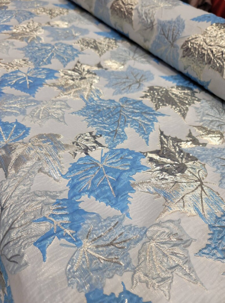 Brocade Sky Blue Silver Maple Leaf Fabric