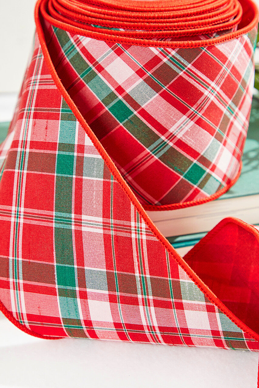 4 Inch x 10 Yard Red Green White Holiday Plaid Dupioni Wired Christmas Ribbon Festive Bow Wreath Tree Gift Wrapping Decor Accent