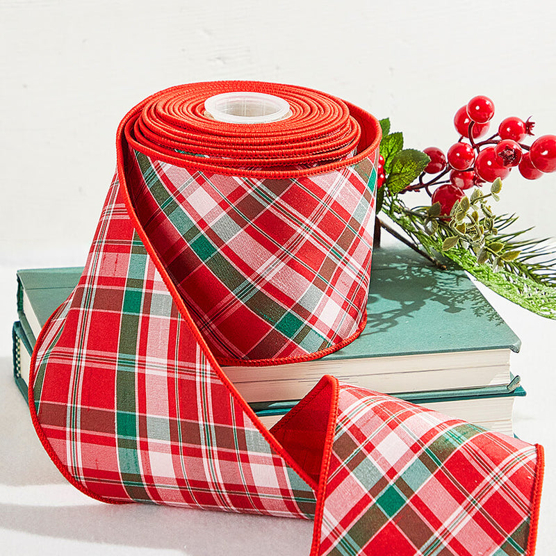 4" x 10 Yard Red/Green/White Holiday Plaid Dupioni Ribbon