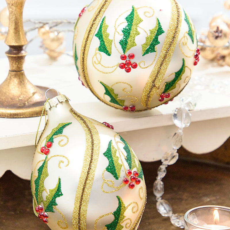 5" - 7" Glass Holly Ball & Finial Ornament