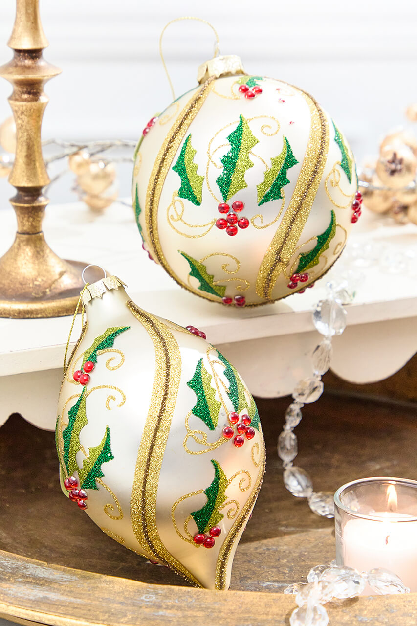5" - 7" Glass Holly Ball & Finial Ornament
