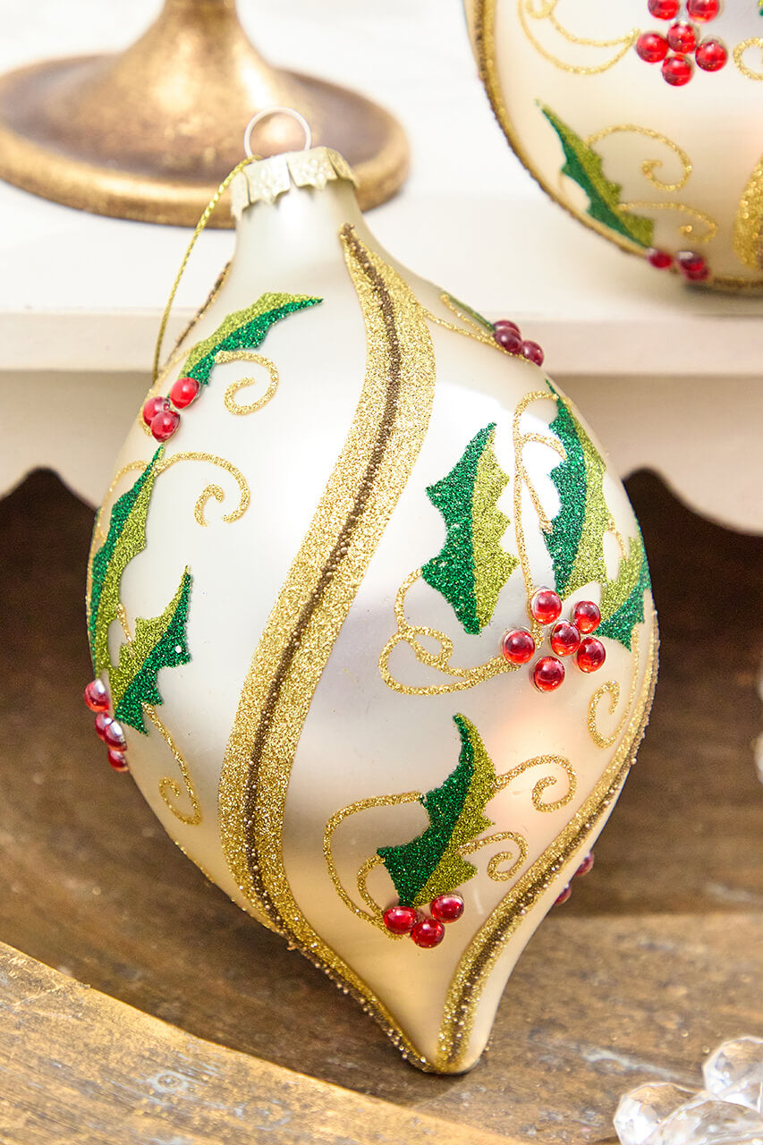 5" - 7" Glass Holly Ball & Finial Ornament
