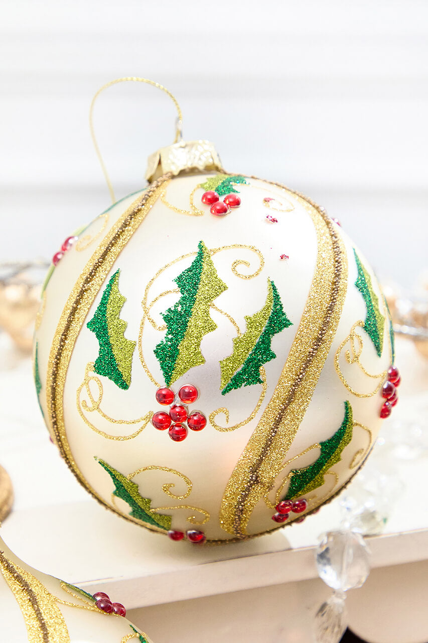 5" - 7" Glass Holly Ball & Finial Ornament