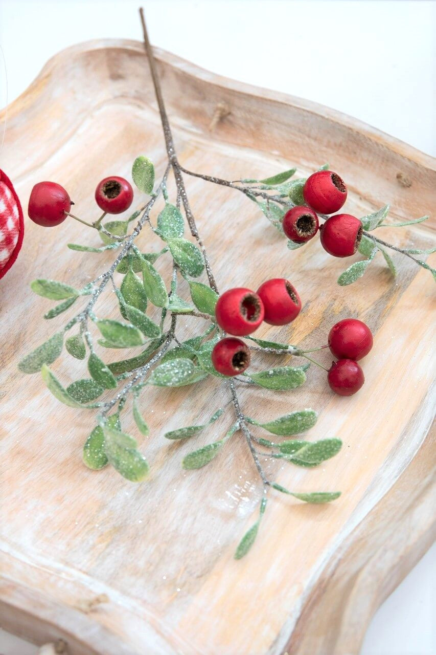 20” Pod Leaf Frosted Christmas Spray – Festive Glitter Holiday Stem