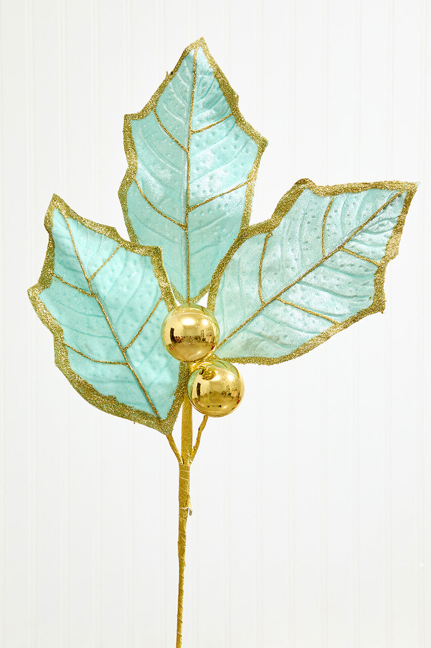 30" Holly Leaves Spray - Mint & Gold