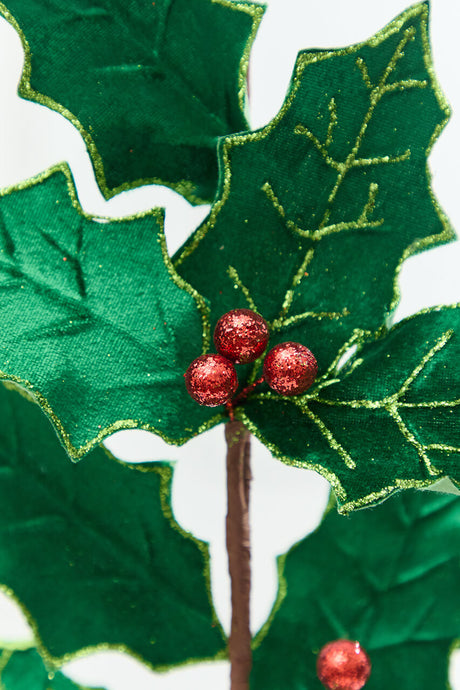 28" Green & Red Holly Leaves Spray