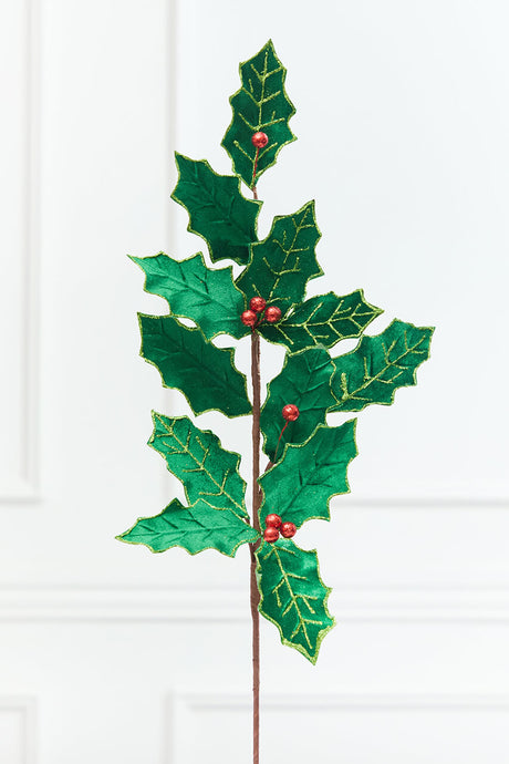 28" Green & Red Holly Leaves Spray