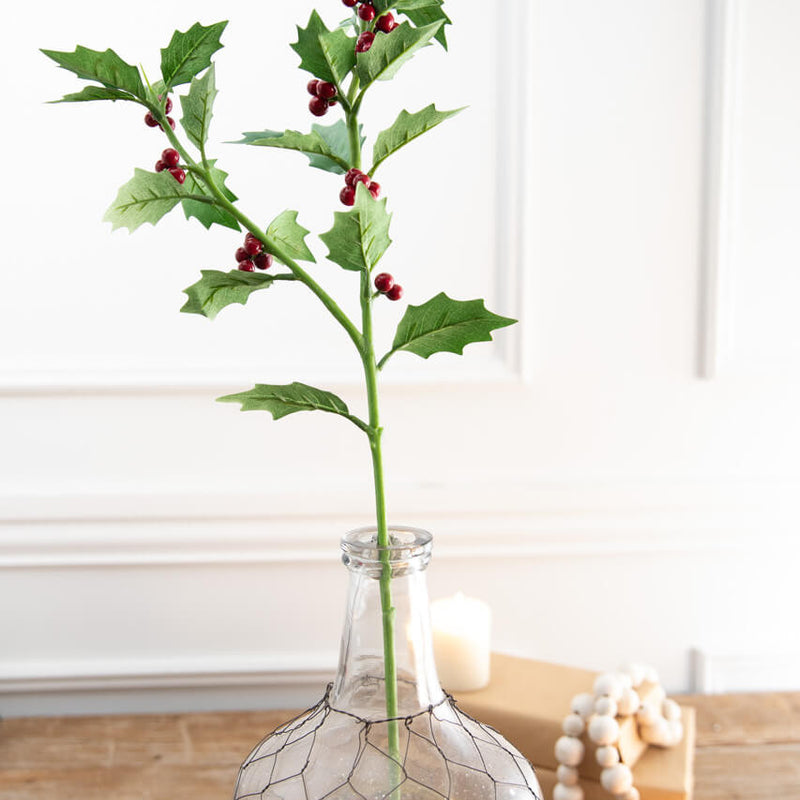 30 Inch Holly Stem with Red Berries Decorative Christmas Floral Pick