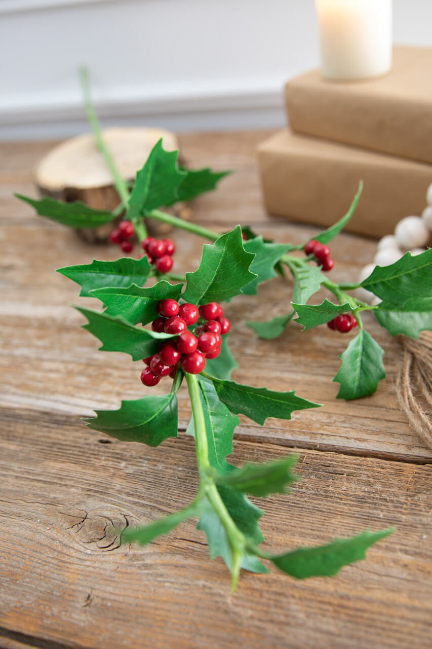 30 Inch Holly Stem with Red Berries Decorative Christmas Floral Pick