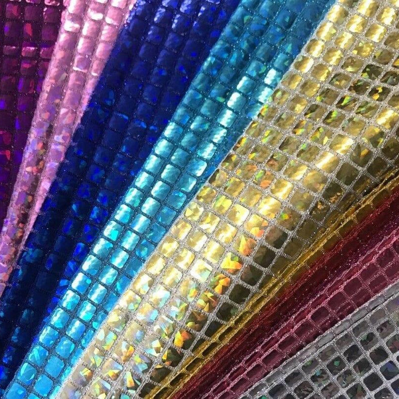 Hologram Quad Sequins Polyester Fabric - Holographic Square Sequins, 40" Width, 7 Colors (1 Yard)