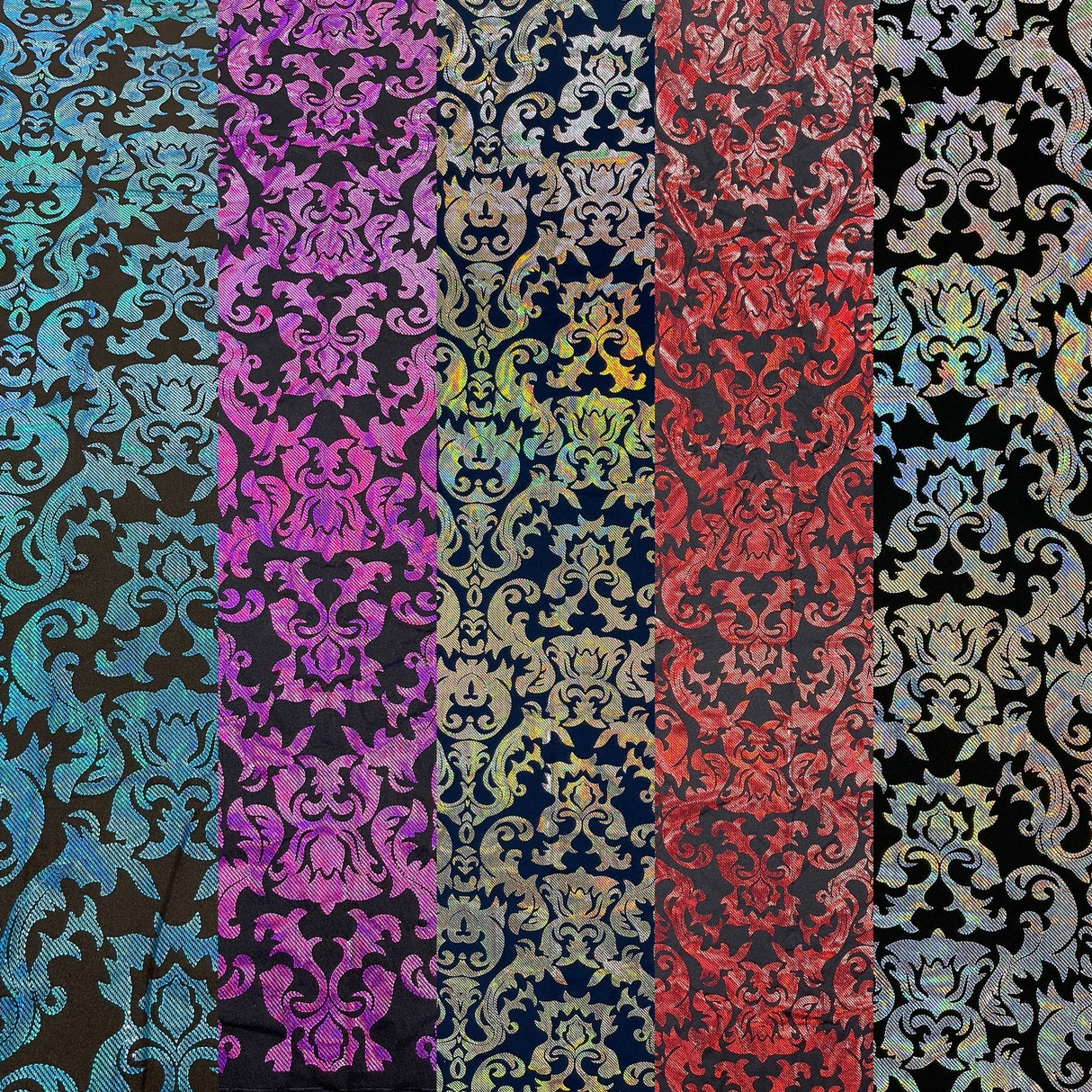 Holographic Damask Nylon Spandex Fabric - Gold/Black, Red/Black, Silver/Black, Fuchsia/Black, Turquoise/Black, 58/60" Width (1 Yard)