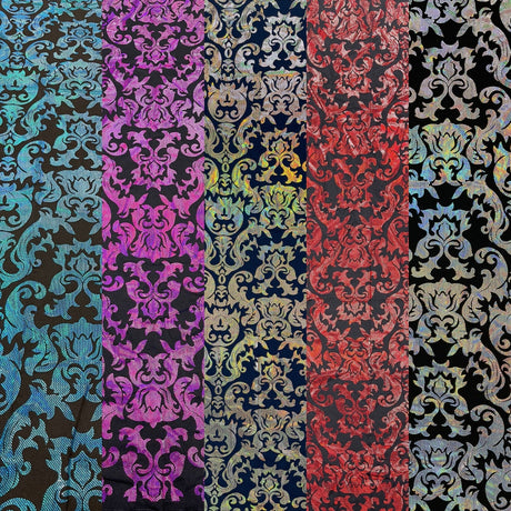 Holographic Damask Nylon Spandex Fabric - Gold/Black, Red/Black, Silver/Black, Fuchsia/Black, Turquoise/Black, 58/60" Width (1 Yard)
