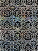 Holographic Damask Nylon Spandex Fabric - Gold/Black, Red/Black, Silver/Black, Fuchsia/Black, Turquoise/Black, 58/60" Width (1 Yard)