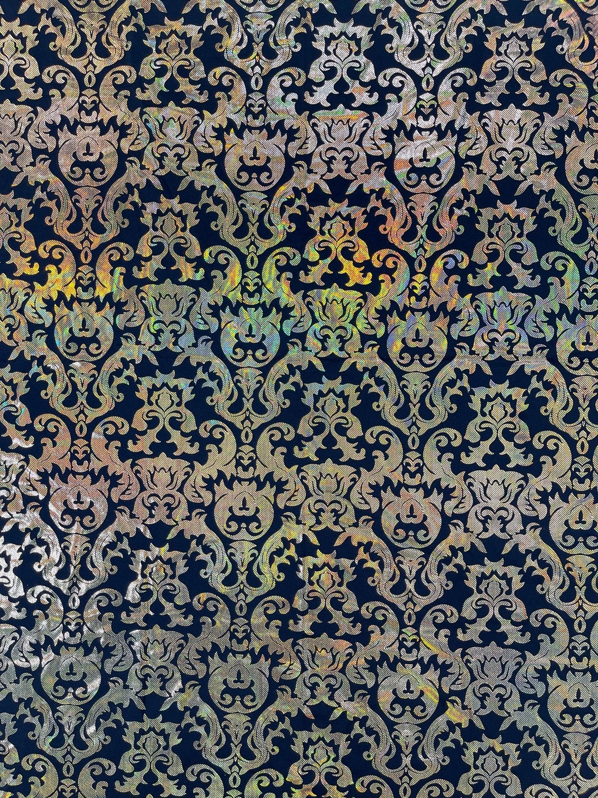 Holographic Damask Nylon Spandex Fabric - Gold/Black, Red/Black, Silver/Black, Fuchsia/Black, Turquoise/Black, 58/60" Width (1 Yard)