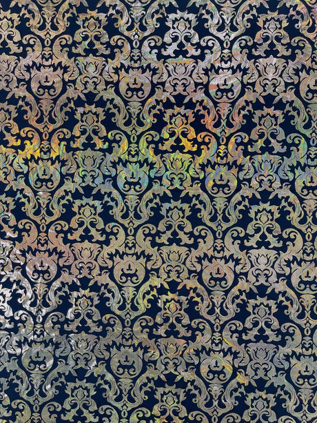Holographic Damask Nylon Spandex Fabric - Gold/Black, Red/Black, Silver/Black, Fuchsia/Black, Turquoise/Black, 58/60" Width (1 Yard)