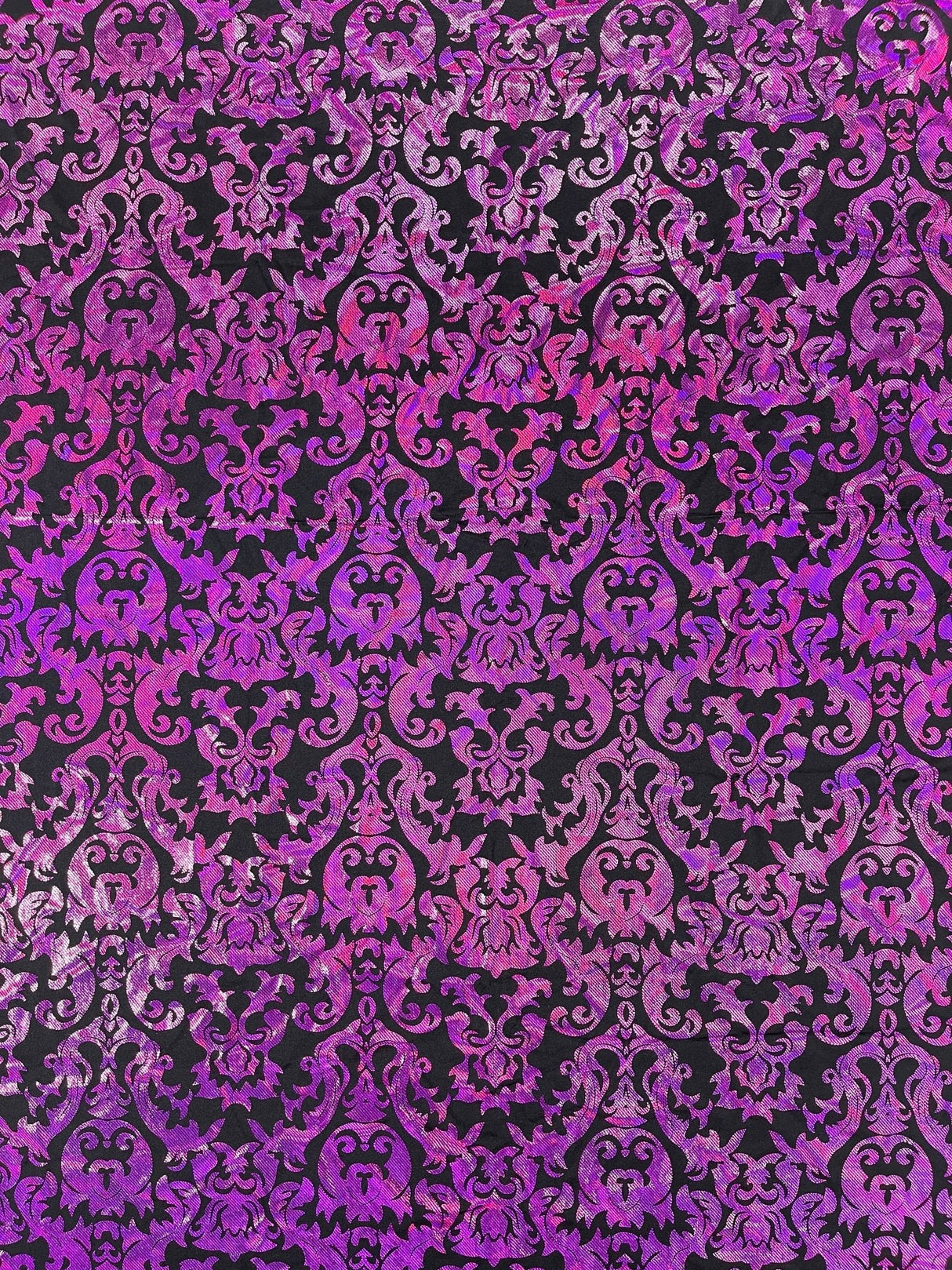 Holographic Damask Nylon Spandex Fabric - Gold/Black, Red/Black, Silver/Black, Fuchsia/Black, Turquoise/Black, 58/60" Width (1 Yard)