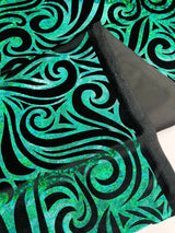 Holographic Foil Tribal Flame Design Stretch Velvet Fabric - Silver/White Tribal Flame Print, 58" Width (1 Yard)